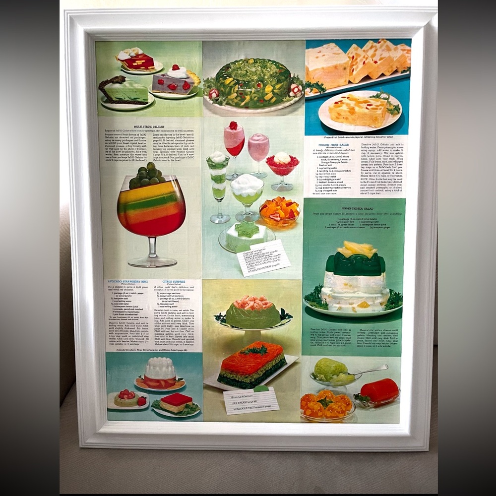 Vintage recipe collage in white frame, 17”x23”